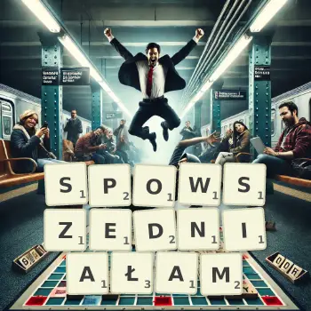 Kreatywna ilustracja do gry w Scrabble ze słowem SPOWSZEDNIAŁAM ułożonym z płytek na planszy.