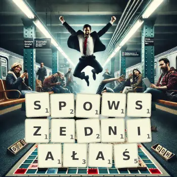 Kreatywna ilustracja do gry w Scrabble ze słowem SPOWSZEDNIAŁAŚ ułożonym z płytek na planszy.