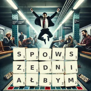 Kreatywna ilustracja do gry w Scrabble ze słowem SPOWSZEDNIAŁBYM ułożonym z płytek na planszy.