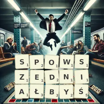 Kreatywna ilustracja do gry w Scrabble ze słowem SPOWSZEDNIAŁBYŚ ułożonym z płytek na planszy.