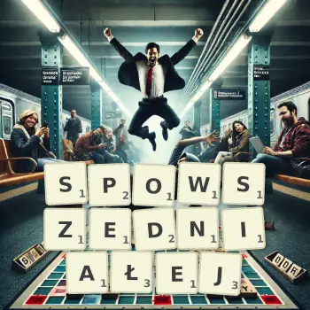 Kreatywna ilustracja do gry w Scrabble ze słowem SPOWSZEDNIAŁEJ ułożonym z płytek na planszy.