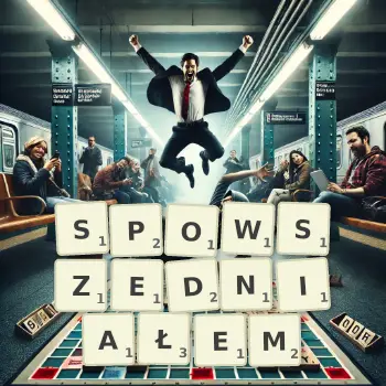 Kreatywna ilustracja do gry w Scrabble ze słowem SPOWSZEDNIAŁEM ułożonym z płytek na planszy.