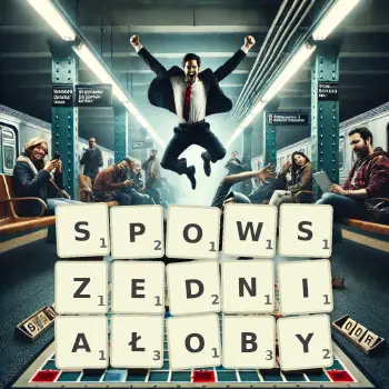 Kreatywna ilustracja do gry w Scrabble ze słowem SPOWSZEDNIAŁOBY ułożonym z płytek na planszy.