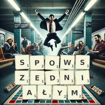 Kreatywna ilustracja do gry w Scrabble ze słowem SPOWSZEDNIAŁYM ułożonym z płytek na planszy.