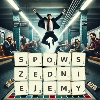 Kreatywna ilustracja do gry w Scrabble ze słowem SPOWSZEDNIEJEMY ułożonym z płytek na planszy.
