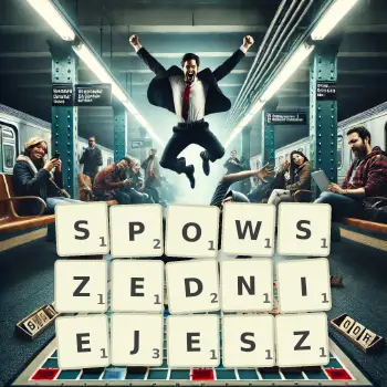 Kreatywna ilustracja do gry w Scrabble ze słowem SPOWSZEDNIEJESZ ułożonym z płytek na planszy.