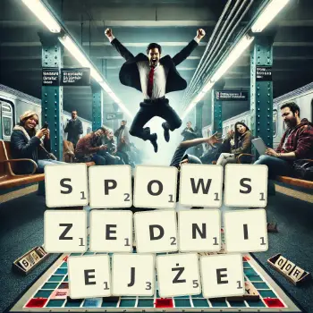 Kreatywna ilustracja do gry w Scrabble ze słowem SPOWSZEDNIEJŻE ułożonym z płytek na planszy.