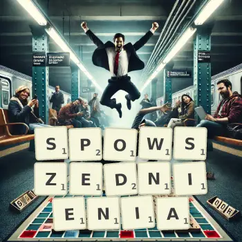 Kreatywna ilustracja do gry w Scrabble ze słowem SPOWSZEDNIENIA ułożonym z płytek na planszy.