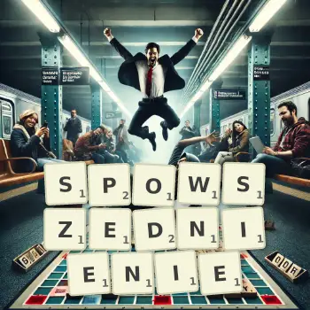 Kreatywna ilustracja do gry w Scrabble ze słowem SPOWSZEDNIENIE ułożonym z płytek na planszy.