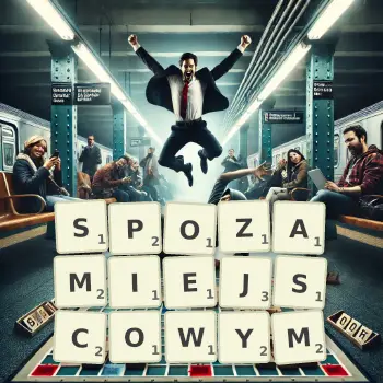 Kreatywna ilustracja do gry w Scrabble ze słowem SPOZAMIEJSCOWYM ułożonym z płytek na planszy.