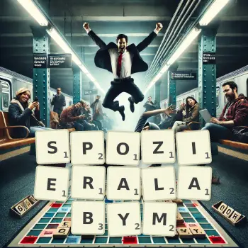 Kreatywna ilustracja do gry w Scrabble ze słowem SPOZIERALABYM ułożonym z płytek na planszy.