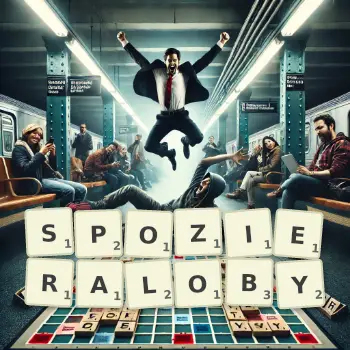 Kreatywna ilustracja do gry w Scrabble ze słowem SPOZIERALOBY ułożonym z płytek na planszy.