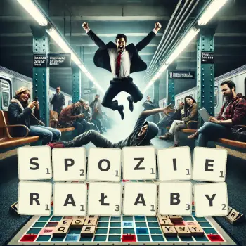 Kreatywna ilustracja do gry w Scrabble ze słowem SPOZIERAŁABY ułożonym z płytek na planszy.