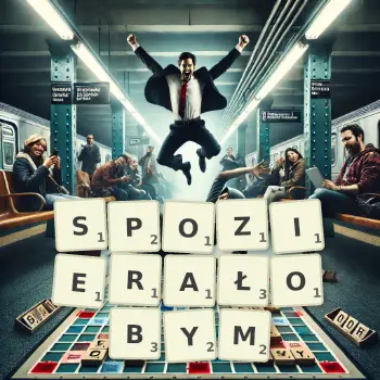Kreatywna ilustracja do gry w Scrabble ze słowem SPOZIERAŁOBYM ułożonym z płytek na planszy.
