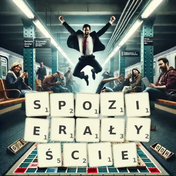 Kreatywna ilustracja do gry w Scrabble ze słowem SPOZIERAŁYŚCIE ułożonym z płytek na planszy.