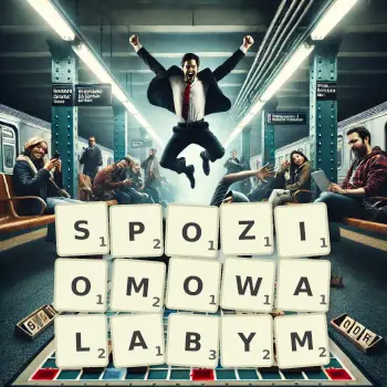 Kreatywna ilustracja do gry w Scrabble ze słowem SPOZIOMOWALABYM ułożonym z płytek na planszy.