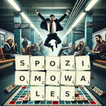 Kreatywna ilustracja do gry w Scrabble ze słowem SPOZIOMOWALES ułożonym z płytek na planszy.
