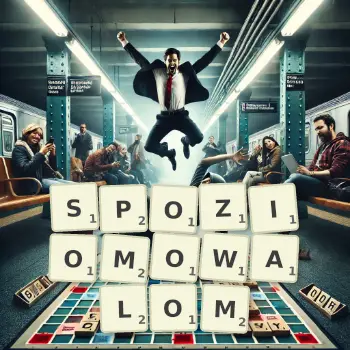 Kreatywna ilustracja do gry w Scrabble ze słowem SPOZIOMOWALOM ułożonym z płytek na planszy.