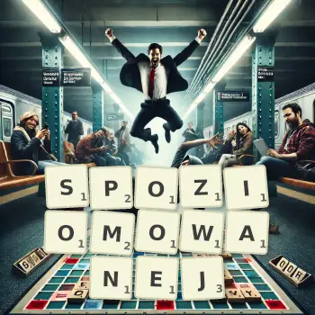 Kreatywna ilustracja do gry w Scrabble ze słowem SPOZIOMOWANEJ ułożonym z płytek na planszy.