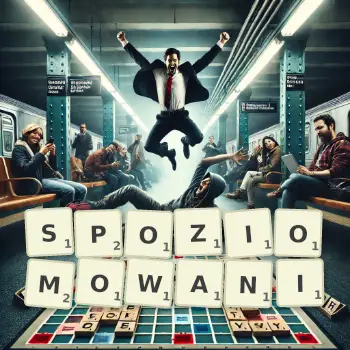 Kreatywna ilustracja do gry w Scrabble ze słowem SPOZIOMOWANI ułożonym z płytek na planszy.