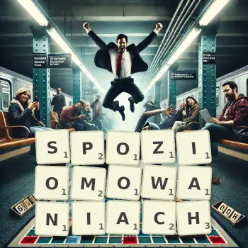 Kreatywna ilustracja do gry w Scrabble ze słowem SPOZIOMOWANIACH ułożonym z płytek na planszy.