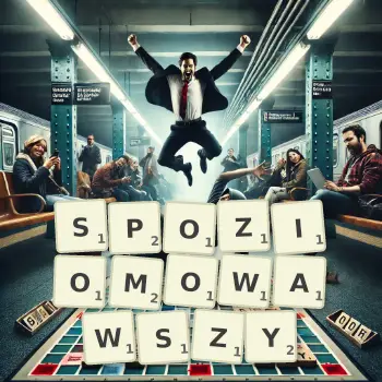 Kreatywna ilustracja do gry w Scrabble ze słowem SPOZIOMOWAWSZY ułożonym z płytek na planszy.