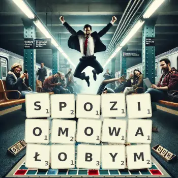 Kreatywna ilustracja do gry w Scrabble ze słowem SPOZIOMOWAŁOBYM ułożonym z płytek na planszy.