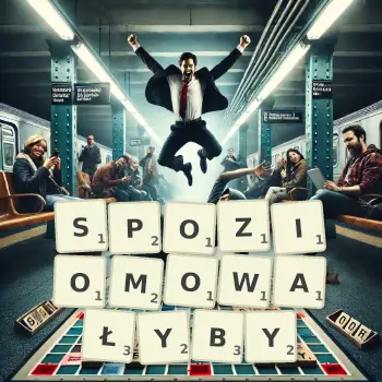 Kreatywna ilustracja do gry w Scrabble ze słowem SPOZIOMOWAŁYBY ułożonym z płytek na planszy.
