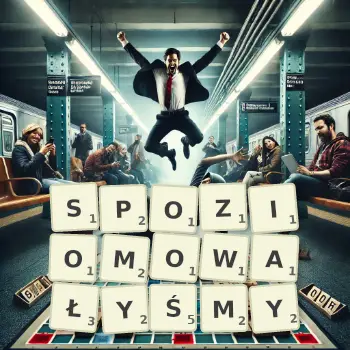 Kreatywna ilustracja do gry w Scrabble ze słowem SPOZIOMOWAŁYŚMY ułożonym z płytek na planszy.