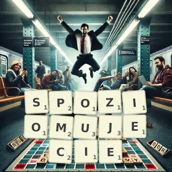 Kreatywna ilustracja do gry w Scrabble ze słowem SPOZIOMUJECIE ułożonym z płytek na planszy.
