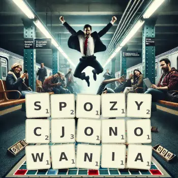 Kreatywna ilustracja do gry w Scrabble ze słowem SPOZYCJONOWANIA ułożonym z płytek na planszy.