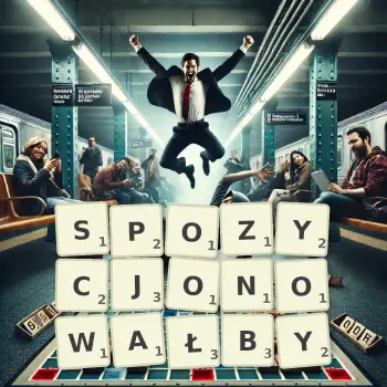 Kreatywna ilustracja do gry w Scrabble ze słowem SPOZYCJONOWAŁBY ułożonym z płytek na planszy.