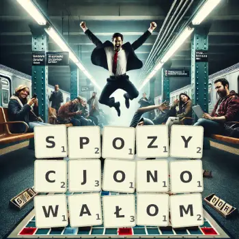 Kreatywna ilustracja do gry w Scrabble ze słowem SPOZYCJONOWAŁOM ułożonym z płytek na planszy.