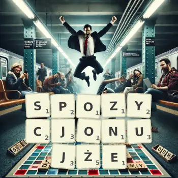 Kreatywna ilustracja do gry w Scrabble ze słowem SPOZYCJONUJŻE ułożonym z płytek na planszy.