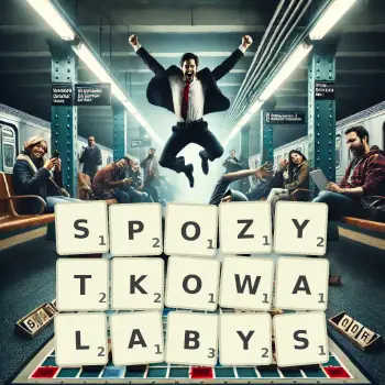 Kreatywna ilustracja do gry w Scrabble ze słowem SPOZYTKOWALABYS ułożonym z płytek na planszy.