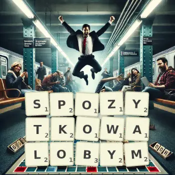 Kreatywna ilustracja do gry w Scrabble ze słowem SPOZYTKOWALOBYM ułożonym z płytek na planszy.