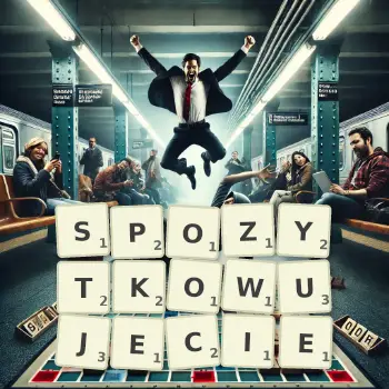 Kreatywna ilustracja do gry w Scrabble ze słowem SPOZYTKOWUJECIE ułożonym z płytek na planszy.