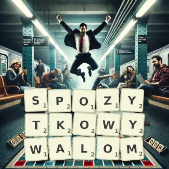 Kreatywna ilustracja do gry w Scrabble ze słowem SPOZYTKOWYWALOM ułożonym z płytek na planszy.