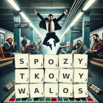 Kreatywna ilustracja do gry w Scrabble ze słowem SPOZYTKOWYWALOS ułożonym z płytek na planszy.