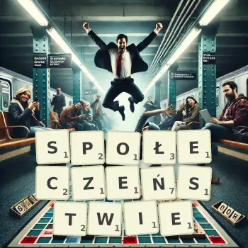 Kreatywna ilustracja do gry w Scrabble ze słowem SPOŁECZEŃSTWIE ułożonym z płytek na planszy.