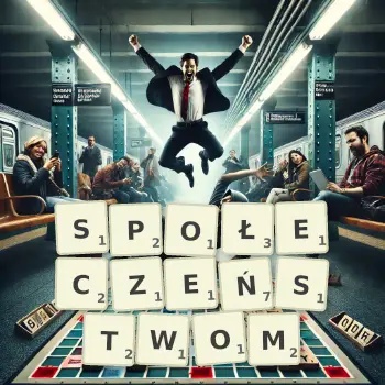 Kreatywna ilustracja do gry w Scrabble ze słowem SPOŁECZEŃSTWOM ułożonym z płytek na planszy.