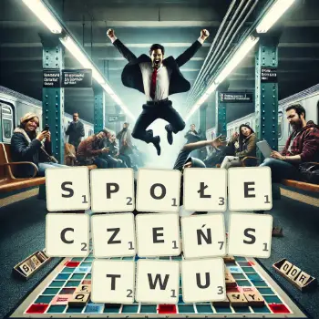 Kreatywna ilustracja do gry w Scrabble ze słowem SPOŁECZEŃSTWU ułożonym z płytek na planszy.