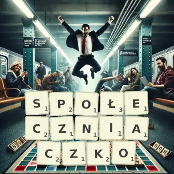 Kreatywna ilustracja do gry w Scrabble ze słowem SPOŁECZNIACZKO ułożonym z płytek na planszy.