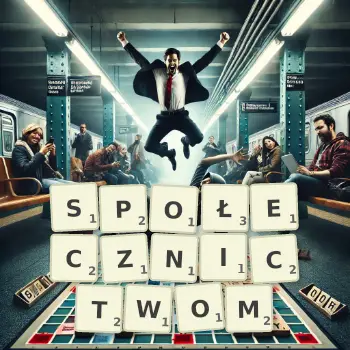 Kreatywna ilustracja do gry w Scrabble ze słowem SPOŁECZNICTWOM ułożonym z płytek na planszy.