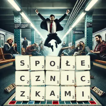 Kreatywna ilustracja do gry w Scrabble ze słowem SPOŁECZNICZKAMI ułożonym z płytek na planszy.
