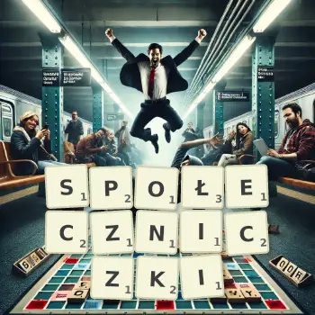 Kreatywna ilustracja do gry w Scrabble ze słowem SPOŁECZNICZKI ułożonym z płytek na planszy.