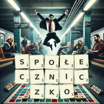Kreatywna ilustracja do gry w Scrabble ze słowem SPOŁECZNICZKO ułożonym z płytek na planszy.