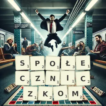 Kreatywna ilustracja do gry w Scrabble ze słowem SPOŁECZNICZKOM ułożonym z płytek na planszy.