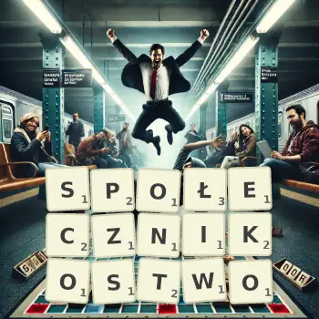 Kreatywna ilustracja do gry w Scrabble ze słowem SPOŁECZNIKOSTWO ułożonym z płytek na planszy.