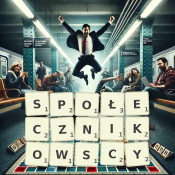 Kreatywna ilustracja do gry w Scrabble ze słowem SPOŁECZNIKOWSCY ułożonym z płytek na planszy.